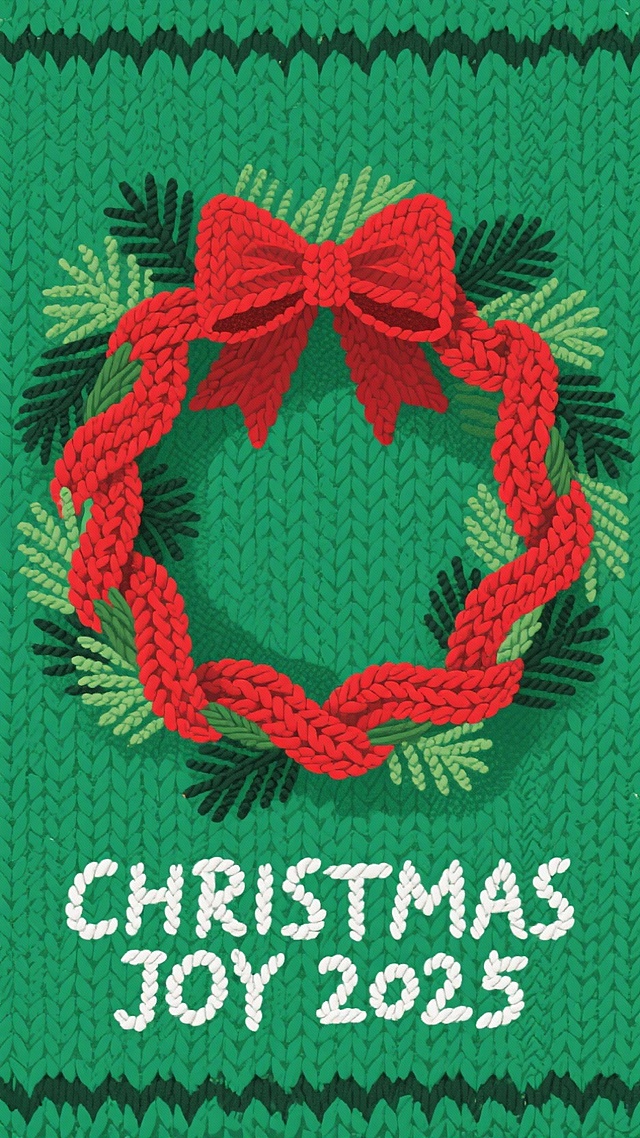 插画风圣诞花环，轻拟物编织纹理，刺绣感红绿配色，面料质感十足，喜庆温馨，节日氛围浓厚，点缀“CHRISTMAS JOY 2025”字样。