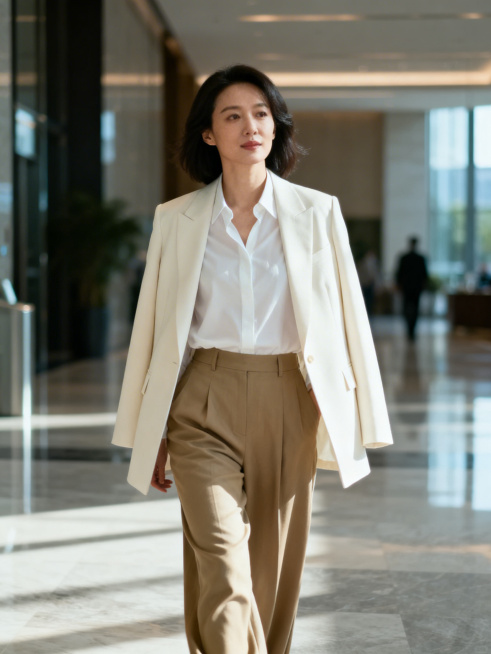 都市通勤中的亦舒女郎，干练知性女性，白衬衫搭配卡其阔腿裤，外披米白色西装外套，走在写字楼大堂，简约高级穿搭，优雅自信气场，电影感光影预览效果