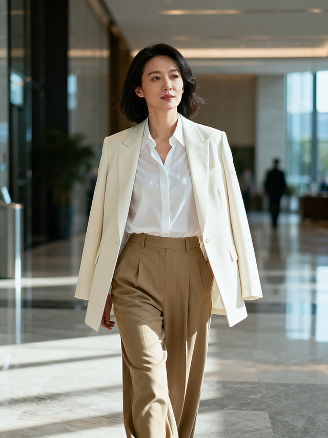 都市通勤中的亦舒女郎，干练知性女性，白衬衫搭配卡其阔腿裤，外披米白色西装外套，走在写字楼大堂，简约高级穿搭，优雅自信气场，电影感光影