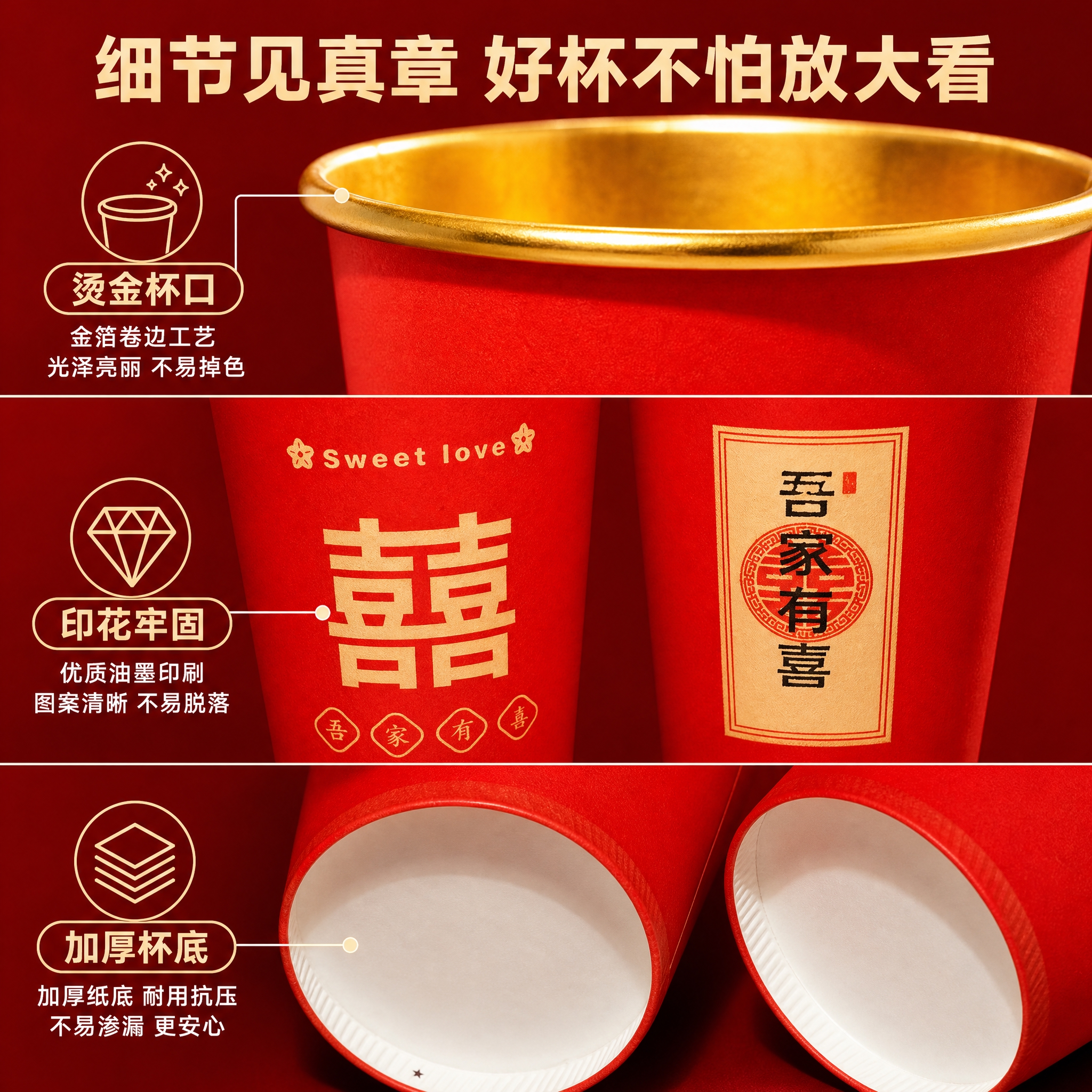 拼多多主图7，正红色加厚金箔一次性纸杯双款组合装（红色喜字款+… - 图片创意预览