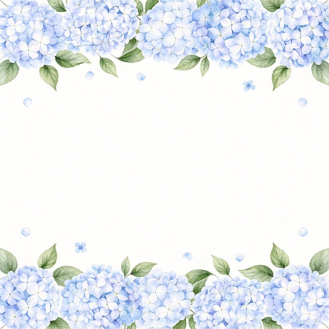 将蓝白色绣球花和绿叶改为上下分布的花边：绣球花簇主要排列在图片的顶部边缘和底部边缘，中间保留大面积纯白空白，保持水彩风格和高清画质，调整为水平花边布局，上下都有完整的花簇装饰，整体对称平衡，和原图四角分布明显不同