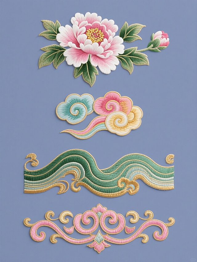 中国传统刺绣风格系列素材集合，纯色背景，保持精致细腻的刺绣质感，包含四种完全不同造型的刺绣元素：1. 盛开的粉色和白色牡丹花配以金色花蕊与绿色叶片，2. 飘逸的彩色祥云图案，3. 流畅的绿色波浪纹与金色装饰，4. 精致的粉色和金色卷草纹，所有元素规整排布，色彩和谐，细节丰富，具有传统手工艺的纹理感和立体感。