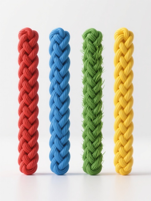 白色背景上，以3D渲染的高写实质感，呈现四个不同颜色、同类目的长条形编织物体系列素材集合，保持规整的网格排布。每个物体具有类似绳索的编织纹理结构，但分别替换为不同的元素内容：第一个为鲜红色粗麻绳质感，第二个为宝蓝色尼龙绳编织效果，第三个为翠绿色草绳纹理，第四个为明黄色塑料编织绳材质。所有元素均保持垂直方向的长条形态，光照统一为柔和的顶部光源，产生轻微的阴影以增强立体感，整体色彩明快鲜艳，风格保……预览效果