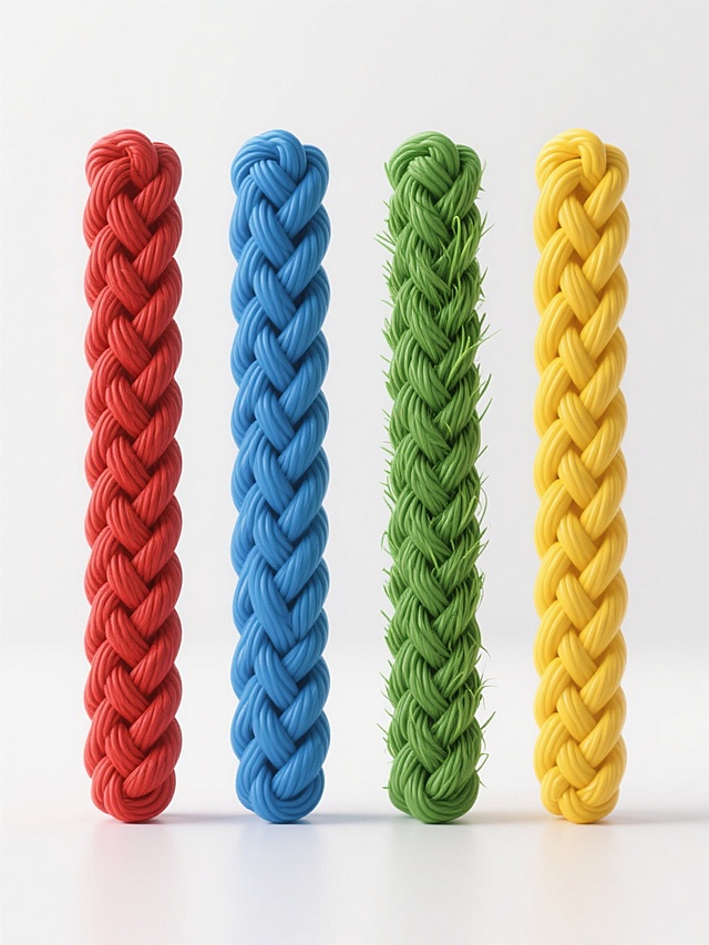 白色背景上，以3D渲染的高写实质感，呈现四个不同颜色、同类目的长条形编织物体系列素材集合，保持规整的网格排布。每个物体具有类似绳索的编织纹理结构，但分别替换为不同的元素内容：第一个为鲜红色粗麻绳质感，第二个为宝蓝色尼龙绳编织效果，第三个为翠绿色草绳纹理，第四个为明黄色塑料编织绳材质。所有元素均保持垂直方向的长条形态，光照统一为柔和的顶部光源，产生轻微的阴影以增强立体感，整体色彩明快鲜艳，风格保持一致的写实3D渲染效果，画面简洁干净，元素间间距均匀，形成协调的系列感。