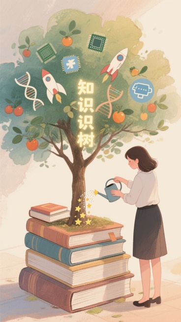 手绘插画风格，一位温柔女老师的背影，正在用洒出星星和书本的水壶浇灌一株发光的“知识树”。树上结出微芯片、火箭、DNA链、人工智能图标等未来果实。老师站在层层书本之上。背景是柔和的水彩晕染效果。温馨的暖预览效果