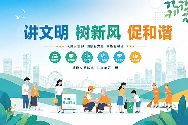 将这张讲文明树新风促和谐海报重新设计为清新简约的现代插画风格。保留"讲文明 树新风 促和谐"主标题文字，整体色调改为清新的蓝绿色系搭配暖橙色点缀，背景采用简洁的渐变天空和几何色块，去掉传统红绸、华表等元素，换成现代简约的城市建筑线稿和自然绿植元素。人物插画改为扁平化简约风格，画面更加干净清爽，留白充足，字体改为简洁现代的无衬线字体，整体风格年轻时尚，富有活力。