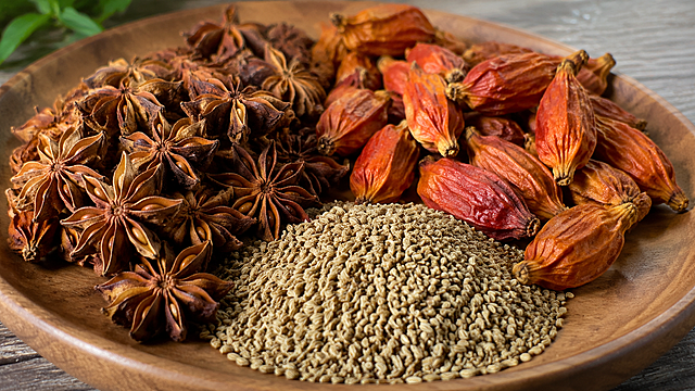 茴芹果、芹菜子、栀子放在一起的特写，清晰的食材细节，自然光影