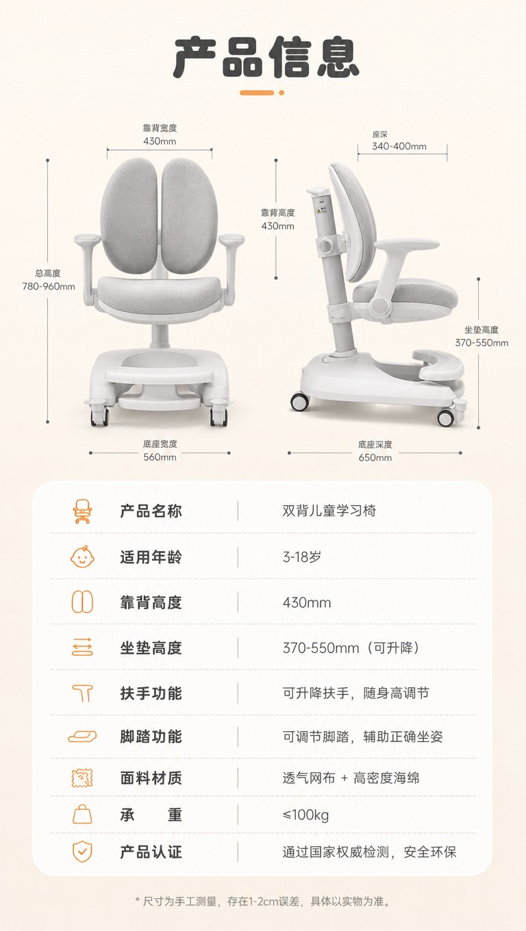 [商品] 使用【图1】【图4】灰色儿童双背学习椅；保留双背靠背… - 图片创意预览