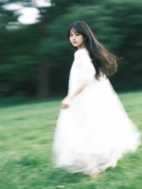 在绿色的草地上，一个穿着梦幻白纱的少女，动态模糊预览效果
