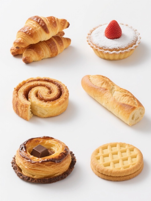 高分辨率摄影风格，纯白纯色背景，6个完全不同的烘焙元素规整排布成系列素材集合，每个烘焙元素都具有金黄诱人的色泽、清晰的纹理细节和饱满的形态，包含：1. 堆叠的牛角面包，表面呈焦糖色，层次分明；2. 撒有糖粉的圆形草莓挞，挞皮酥脆，顶部点缀新鲜草莓；3. 切片的肉桂卷，螺旋状结构清晰可见，表面淋有光泽的糖霜；4. 法棍面包，长条形，表面有自然裂纹，呈现经典的金黄色；5. 巧克力丹麦酥，酥皮层次丰……预览效果