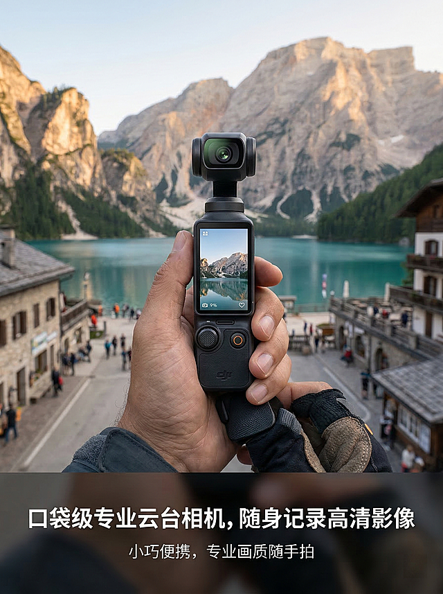 【核心主体】：DJI Osmo Pocket 3口袋云台相机，带产品主体，手持产品呈现 【核心内容】：户外旅行山川湖海/城市街景自然光环境，8K超高清、300DPI、商业摄影级超写实画质，主色调深空灰、辅助色科技银与活力橙，哑光金属磨砂+细腻亲肤塑料+高透玻璃镜头质感 【构图光影】：居中构图，侧逆光轮廓光+柔光漫射 【文案排版】：一级标题"口袋级专业云台相机，随身记录高清影像"、副标题"小巧便携，专业画质随手拍"，画面底部1/4处，思源黑体Bold 60pt字重700，左右边距各50px；辅助文案对应排版，左右边距各40px 【负面提示】：低分辨率、模糊、变形、画面杂乱、色彩溢出、文字乱码、文字错字、文字变形、水印、非DJI logo、竞品元素、人物畸形、产品比例失调、构图混乱、多余无关元素，白底纯产品图，堆砌多余文案，文字遮挡产品/场景核心主体，出现非本屏功能元素