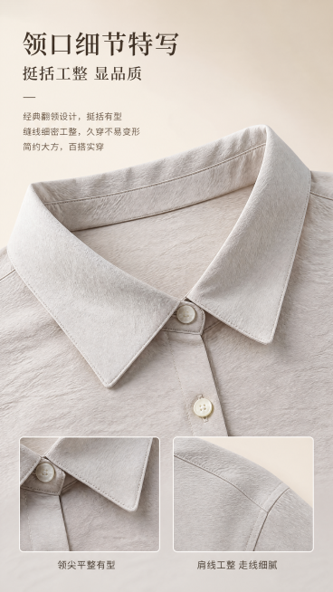 [第4屏] 领口细节特写，使用【图3】【图5】，放大展示领型做工，保留原图材质颜色，介绍挺括工整，浅米背景，9:16，4K，文字清晰。预览效果