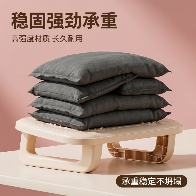 [主图 7] 承重能力展示图。
[氛围风格] 真实场景性能测试，直观可信
[画质] 商业摄影质感、光线柔和通透、产品清晰真实、画面干净高级
[元素] 卡其色固定款脚踏凳放置在平整地面，放置重物在踏板上预览效果