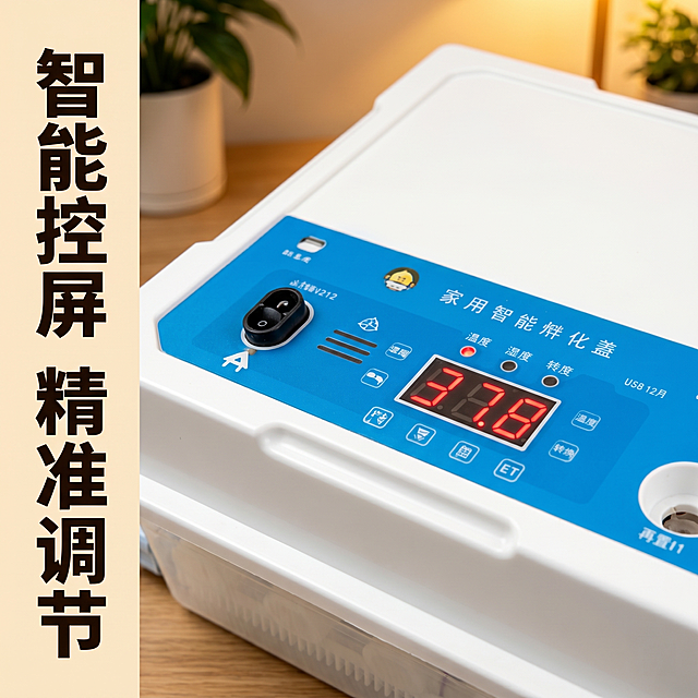 [主图 3] 全自动孵化机控制面板细节特写
[氛围风格] 专业清晰，突出产品细节质感，整体风格统一
[画质] 商业摄影质感、微距特写清晰、光线柔和通透、纹理细节真实，画面干净高级
[元素] 对焦在产品蓝色控制面板区域，特写展示数字显示屏、控制按钮和操作选项。保持产品控制面板的所有结构、文字、颜色与输入产品图绝对一致，清晰呈现每一个按键和标注。背景适度虚化突出主体细节
[光影] 侧光打亮控制面板，突出按键和显示屏的凹凸质感，保持暖调光线与整体风格统一
[配色] 蓝色控制面板配白色机身，文字红色和黑色对比清晰，保持原图色彩一致
[视角构图] 近距离平视特写，控制面板占画面主体约70%，构图集中突出细节
[文字版式] 左侧竖排标题 "智能控屏 精准调节" 深色加粗，不遮挡核心细节区域
[比例分辨率] 1:1 比例，2k 分辨率；文字清晰锐利，画面超高清
[负向提示词] 变形，水印，文字错乱，产品图模糊，背景杂乱，对焦不准