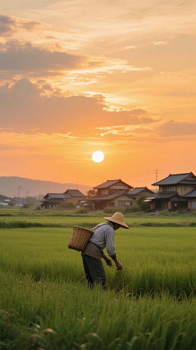写实摄影风格，温暖明亮的金色夕阳低悬于天际，橙黄色霞光铺满天空并与云层交融，地平线处可见传统日式民居错落分布，近处广阔的绿色稻田随风轻摆，一位戴着草帽、背着竹篓的农人弯腰劳作的背影位于画面中间偏下位置，整体画面营造出宁静祥和的田园傍晚氛围，光影柔和，色彩饱和，构图采用三分法，地平线位于下方三分之一处，突出天空的壮丽与田野的生机。