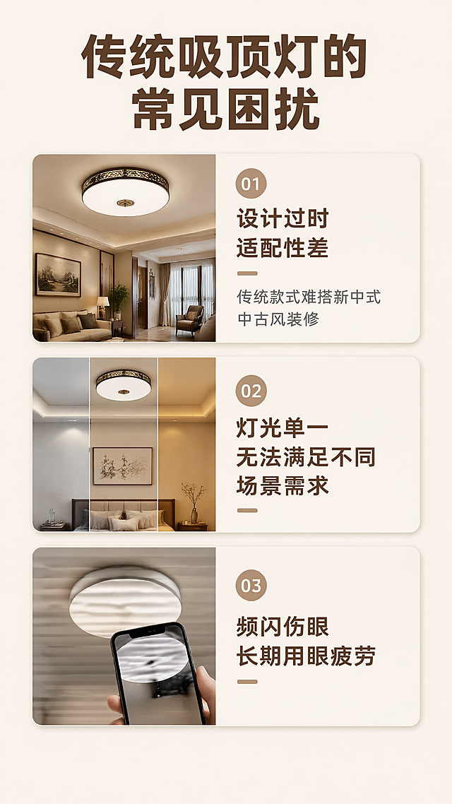 [第2屏] 详情页痛点直击-传统吸顶灯常见问题，本屏无需产品主体图。
[氛围/风格] 浅暖底色，简洁问题卡片式设计，专业理性风格。
[元素布局] 画面分三个痛点卡片竖向排列，每个卡片配小场景缩略图，顶部大标题，底部留白。
[光影质感] 整体均匀打光，卡片阴影柔和，文字清晰明亮。
[配色色系] 全局底色 #F8F3EC，卡片背景浅米色，标题深棕色文字，卖点灰色文字，配色简洁统一。
[视角构图] 从上到下阅读动线，卡片分层清晰，信息一目了然。
[文字版式] 顶部主标题「传统吸顶灯的常见困扰」，三个卡片分别写：
1.「设计过时 适配性差」传统款式难搭新中式中古风装修
2.「灯光单一 无法满足不同场景需求」
3.「频闪伤眼 长期用眼疲劳」
文字层级分明，大标题加粗，每个痛点描述清晰不遮挡主体。
[比例分辨率] 9:16，4K，文字清晰可辨。
[负向提示词] 变形，水印，文字错乱，文字过小，极端贬损用词，虚假宣传
