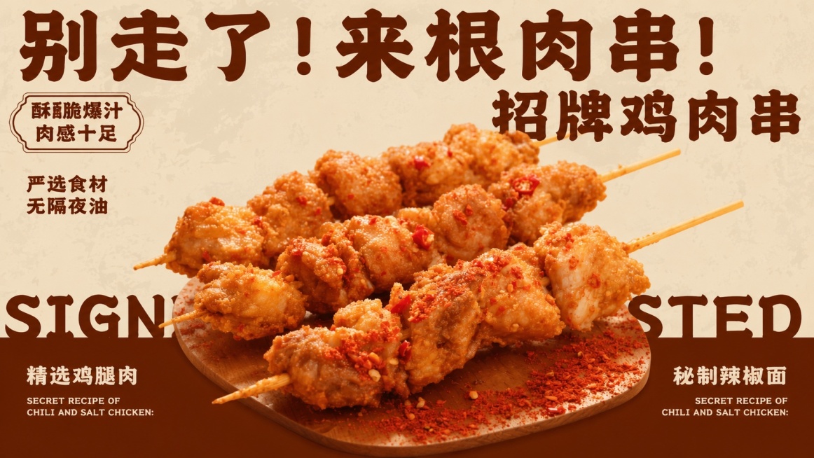 参考第一张参考图的复古海报排版风格，将中心的整只烤鸡替换为第二张预览效果