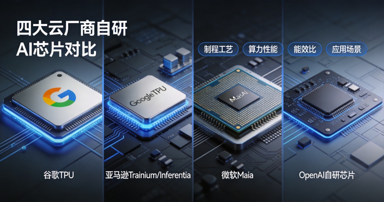 四大云厂商自研AI芯片对比图，包含谷歌TPU、亚马逊Trainium/Inferentia、微软Maia、OpenAI自研芯片的实物或渲染图预览效果