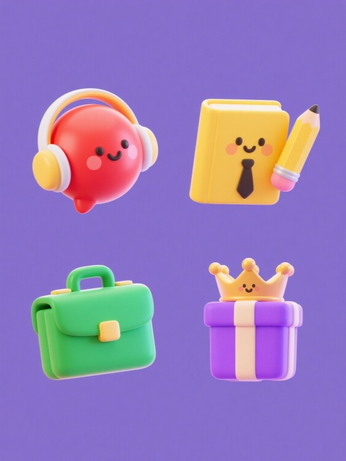 一套4个3D卡通风格图标集合，每个图标均为圆润可爱的拟人化物体形象，具有光滑渐变的材质、柔和的高光和阴影、简洁的表情设计，采用纯色背景，整体色彩变换为红、黄、绿、紫四种不同主色调，元素类目保持为生活用品类，分别为戴着耳机的红色语音气泡、拿着铅笔的黄色书本、系着领带的绿色公文包、带着皇冠的紫色礼盒，所有图标规整排布成2x2网格，保持统一的3D立体风格和可爱卡通氛围。预览效果