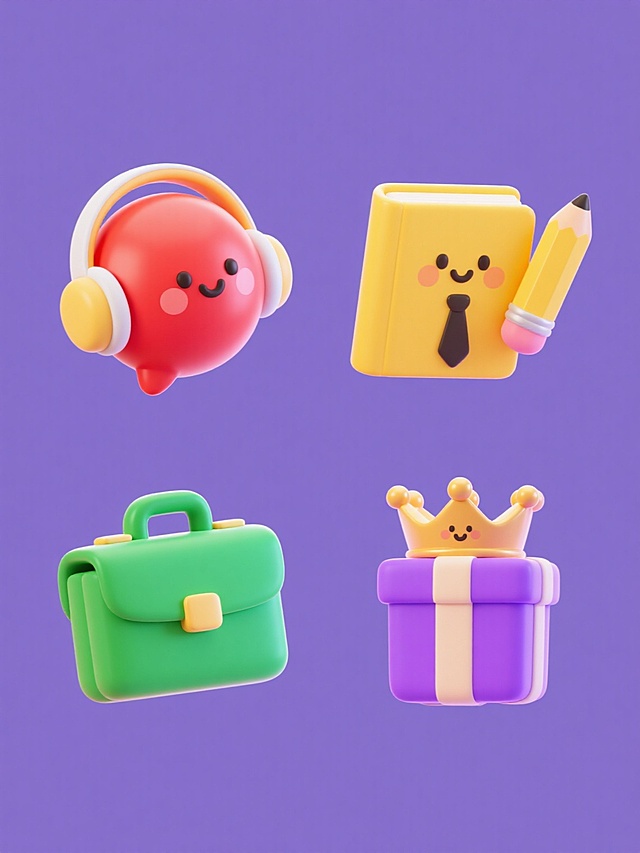 一套4个3D卡通风格图标集合，每个图标均为圆润可爱的拟人化物体形象，具有光滑渐变的材质、柔和的高光和阴影、简洁的表情设计，采用纯色背景，整体色彩变换为红、黄、绿、紫四种不同主色调，元素类目保持为生活用品类，分别为戴着耳机的红色语音气泡、拿着铅笔的黄色书本、系着领带的绿色公文包、带着皇冠的紫色礼盒，所有图标规整排布成2x2网格，保持统一的3D立体风格和可爱卡通氛围。
