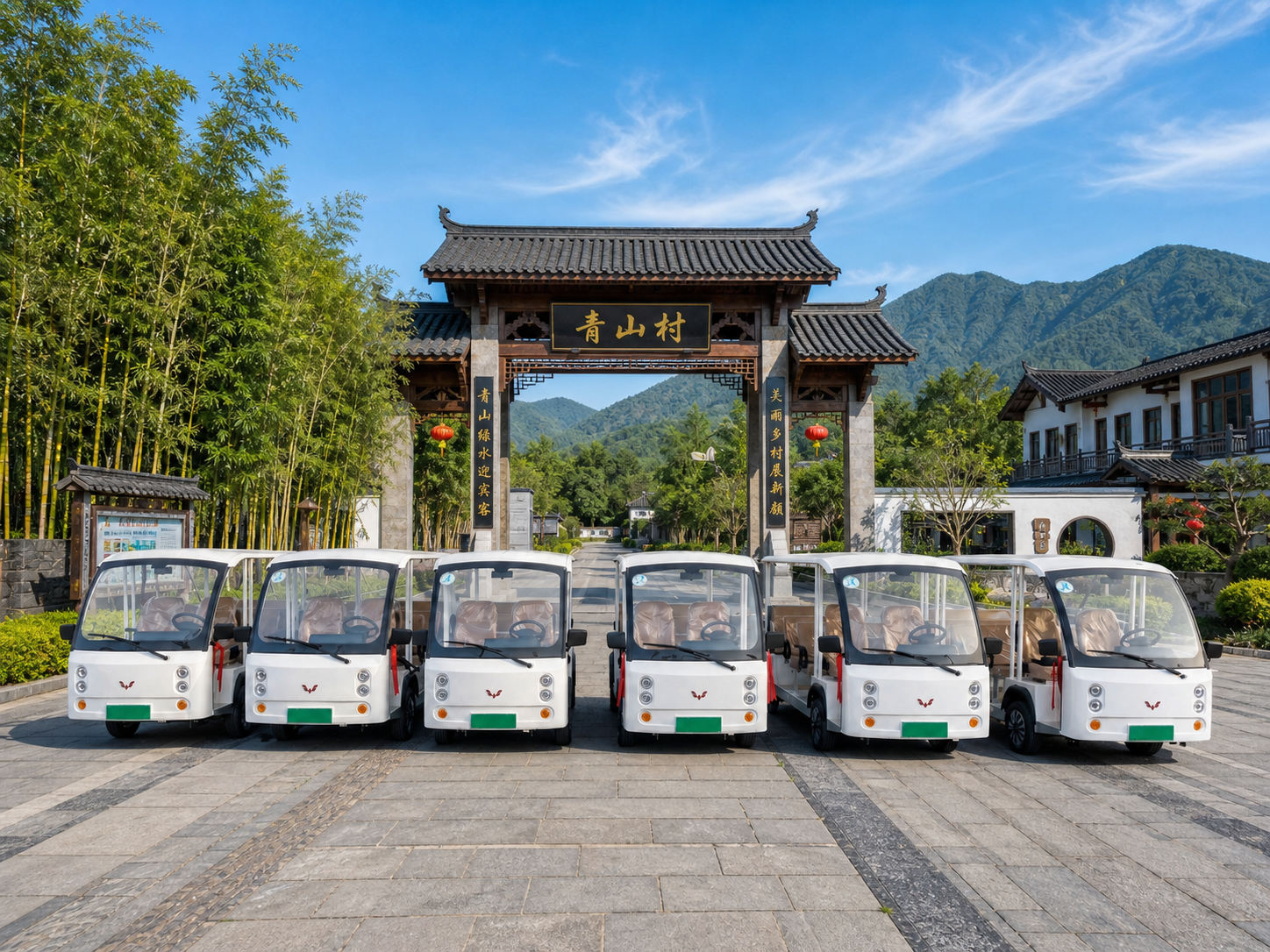 将图中的六辆白色电动观光车整体保留，车辆大小适中不要过大，背景… - 图片创意预览