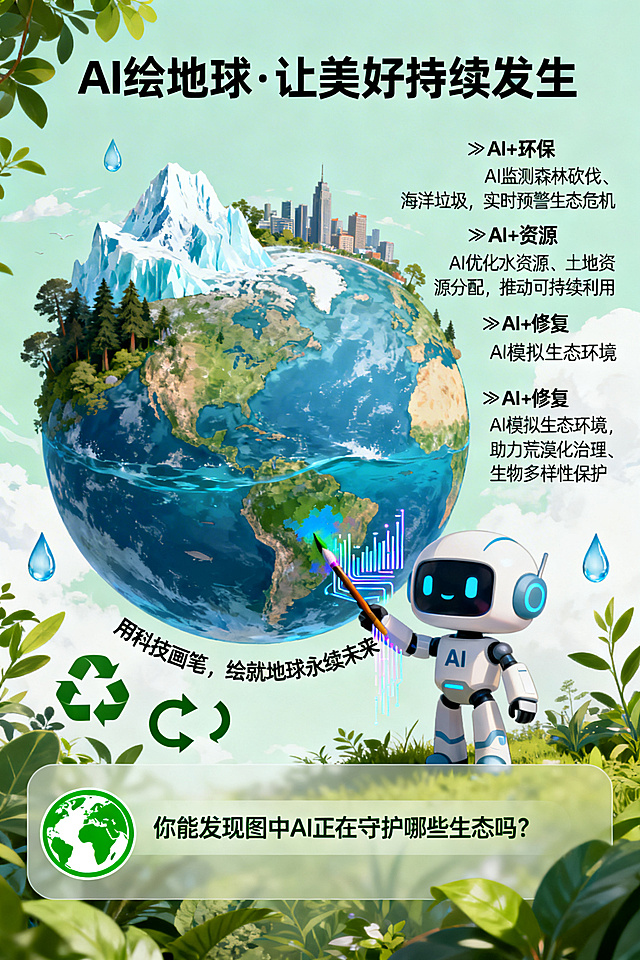 竖版环保主题AI绘画海报《AI绘地球·共生共荣》，中心是融合冰川、森林、海洋、城市四种场景的地球全景插画，一个卡通机器人形象的AI小助手手持数据流形态的画笔为地球补色，周围环绕绿植、水滴、循环箭头环保符号，左下角加入绿色地球日图标。配色以森林绿和天空蓝为主，辅以浅绿和白色。画面中包含文字：主标题"AI绘地球·让美好持续发生"，副标题分点科普"✅ AI+环保：AI监测森林砍伐、海洋垃圾，实时预警生态危机""✅ AI+资源：AI优化水资源、土地资源分配，推动可持续利用""✅ AI+修复：AI模拟生态环境，助力荒漠化治理、生物多样性保护"，地球日标语"用科技画笔，绘就地球永续未来"，底部互动文案"你能发现图中AI正在守护哪些生态吗？"。治愈美学风格，传递环保和科技守护生态的理念。