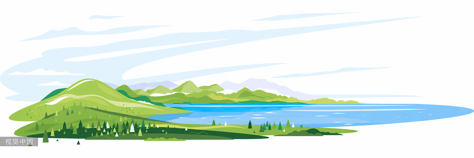 参考原图扁平插画风格，重新生成这幅青山湖泊自然风光风景图，保持构图和元素不变，保留扁平渐变插画风预览效果