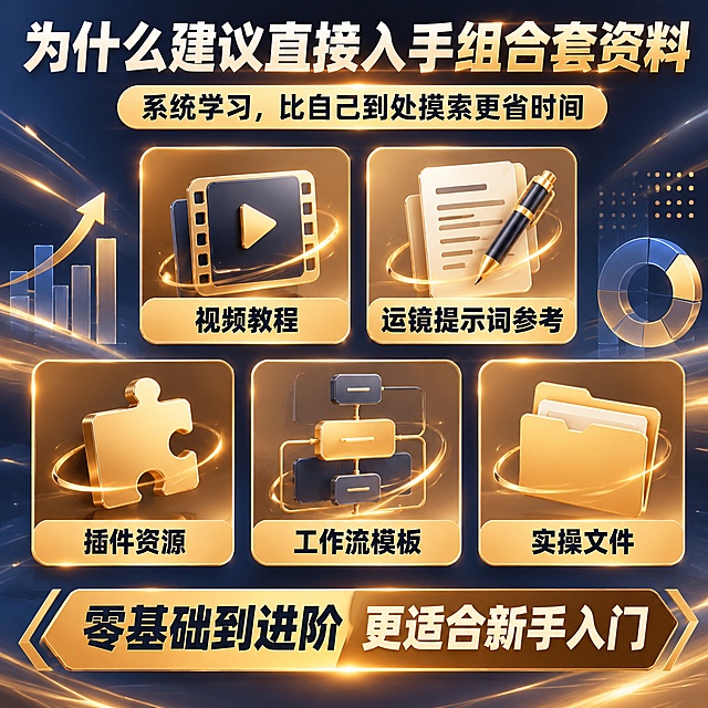 拼多多电商虚拟商品主图，1:1正方形，高端轻奢质感，鎏金板块背景，高亮度色阶，电影级光影，细腻渲染，饱满构图，视觉冲击力强，图多字少，文字醒目加粗远距离清晰可见，使用阿里巴巴普惠体等免费开源商用字体，无水印无乱码，无版权元素，无极限违禁词，不承诺收益，客观中立描述。顶部标题："为什么建议直接入手组合套资料"，副标题："系统学习，比自己到处摸索更省时间"，底部文字："零基础到进阶 更适合新手入门"，鎏金板块分栏展示配套内容：视频教程、运镜提示词参考、插件资源、工作流模板、实操文件，搭配抽象数据模块与几何装饰元素，背景为深蓝金渐变流光纹理，随机版式布局，不用书本展示，不使用付费模板，无第三方品牌IP，无软件UI界面，4K超清商业宣传海报风格