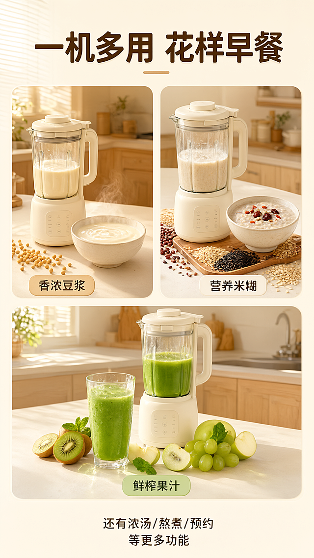 电商详情页第七张，早餐场景与多种食谱页。
[氛围/风格] 温馨早餐场景，生活方式，奶油风厨房
[元素布局] 画面采用三宫格布局展示不同食谱场景：左上格展示豆浆场景，奶白色破壁机旁放着一碗热气腾腾的豆浆和黄豆，阳光厨房；右上格展示米糊/粥场景，破壁机旁放着一碗米糊和杂粮；下方大格展示果汁/奶昔场景，破壁机旁放着水果和一杯绿色果汁；整体奶白色厨房台面，原木橱柜，温馨自然光
[光影质感] 自然光从窗户照入，温暖柔和，食物有食欲感
[配色色系] 全局背景奶油米白；主色奶白破壁机；辅助色食物原色、原木色
[视角构图] 三宫格错落布局，标题在顶部
[文字版式] 顶部主标题「一机多用 花样早餐」，大号粗体深棕色；每个场景角标标注：「香浓豆浆」「营养米糊」「鲜榨果汁」；底部小字「还有浓汤/熬煮/预约等更多功能」
[比例] 9:16竖版，高清画质，文字清晰
