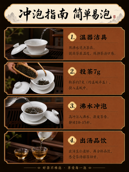 [第9屏] 冲泡方法步骤介绍。[氛围/风格] 清晰教程，排版工整，中式简约风。[元素布局] 从上到下分四步介绍：1.温器洁具，2.投茶7g，3.沸水冲泡，4.出汤品饮。每一步配一张简约场景小图，左图右预览效果