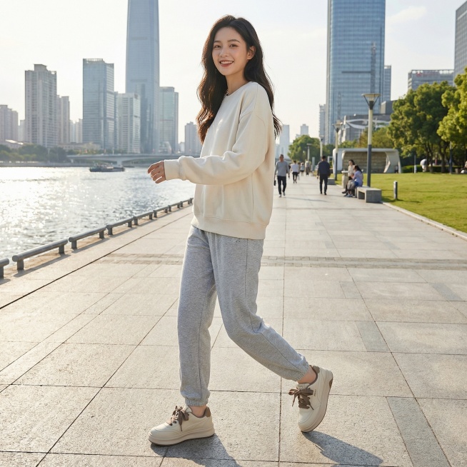 生成这双奶咖拼色厚底板鞋搭配浅灰色运动裤的电商穿搭场景图，年轻女性穿着，背景是城市滨江步道，活力休闲风格预览效果