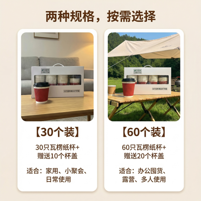 [主图 5] 小纸象三层加厚瓦楞纸杯两种规格选择展示，1:1比例
[氛围风格] 干净清晰，方便选择
[画面元素] 商业摄影质感，光线柔和通透，必须严格保留用户上传详情页的布局和内容：浅米色背景，双栏布预览效果