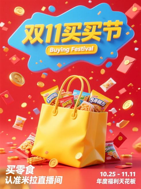 3D风格。画面黄色购物袋，里面和周围有各类零食商品。上方蓝色不规则区域有艺术字标题“双11买买节”，搭配黄色文本框，白色小字“Buying Festival”；左下角白色副标题“买零食 认准米拉直播间预览效果
