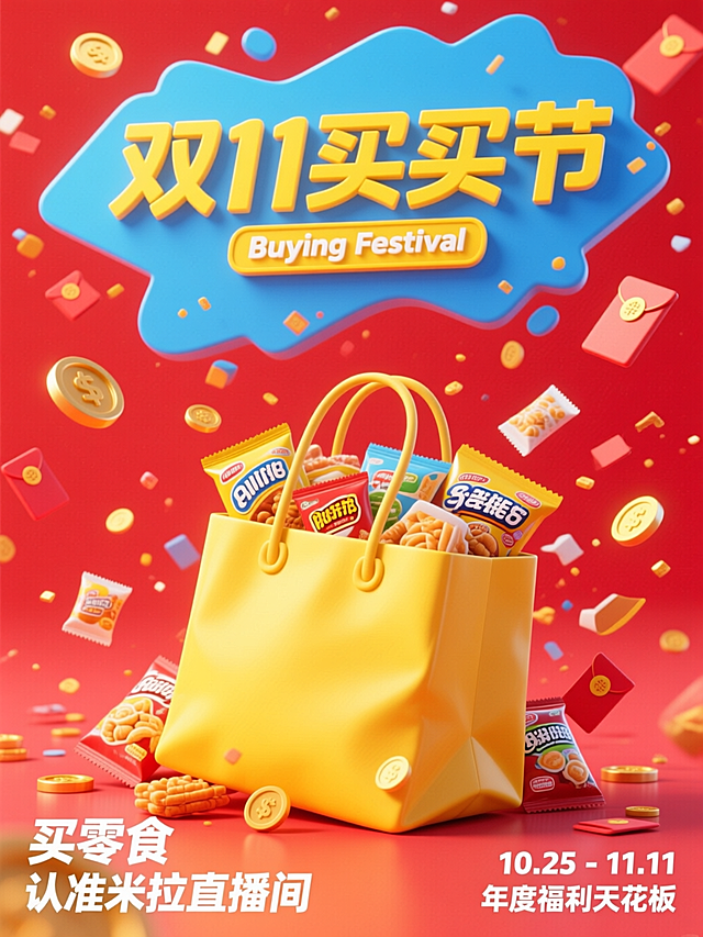 3D重拟物风格，卡通化零食与购物袋，波普艺术配色，塑料质感粒子飞舞，喜庆红黄主调，强化促销氛围，主题突出。