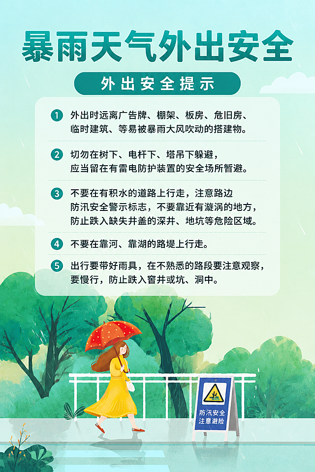 暴雨天气安全宣传海报，主标题修改为"暴雨天气外出安全"，调整各元素位置让整体画面比例协调，保留原图扁平插画风、所有安全提示内容和雨天行人场景，去除多余内容