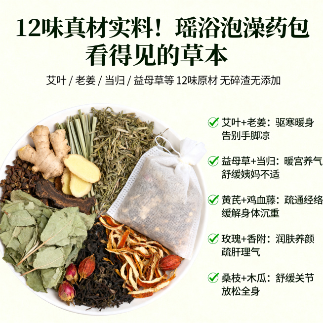 电商产品主图，瑶浴泡澡药包，主标题"12味真材实料！瑶浴泡澡药包 看得见的草本"，副标题"艾叶 / 老姜 / 当归 / 益母草等 12味原材 无碎渣无添加"，列出成分功效亮点：✅艾叶+老姜：驱寒暖身预览效果