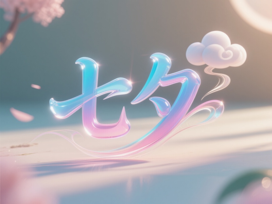 C4D立体字风格，飘逸字体“七夕”，琉璃色蓝粉渐变，字体结束部分带有飘逸笔触，笔划流畅，字体边缘有速度光感，旁边有云装饰，整体色调为浅色，颜色鲜艳明亮，具有高级质感预览效果