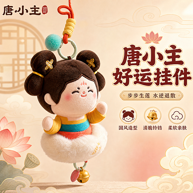 [主图-1] 唐小主毛绒挂件第二版本首图，侧面45度角度展示，突出立体造型和铃铛细节。
[统一基调] 浅米色国风云纹背景，暖橘粉渐变点缀，深棕红色主标题，金色强调色，圆润可爱黑体字体，莲花和祥云装饰元素。
[画面] 唐小主毛绒挂件以侧面45度角展示，能同时看到正面笑脸和侧面丸子头轮廓，底部黄色铃铛清晰可见，顶部挂扣和编织挂绳完整呈现。挂件微微旋转，立体感强，产品占画面65%。背景有淡淡的古风窗棂纹理。左上角唐小主Logo。
[光影质感] 商业摄影棚拍质感，右侧主光左侧辅光，毛绒蓬松有层次，金属铃铛和挂扣有高光反射，底部有柔和投影。
[配色] 浅米色背景为主，暖橘粉色渐变点缀，产品棕黄红蓝配色鲜明，文字深棕红配金色。
[文字版式] 画面右侧主标题大字"唐小主 好运挂件"，下方"步步生莲 水逆退散"，三个卖点图标"国风造型""清脆铃铛""柔软亲肤"。
[输出要求] 1:1正方形，文字清晰，产品立体，禁止变形、错字、模糊、水印、平台Logo。