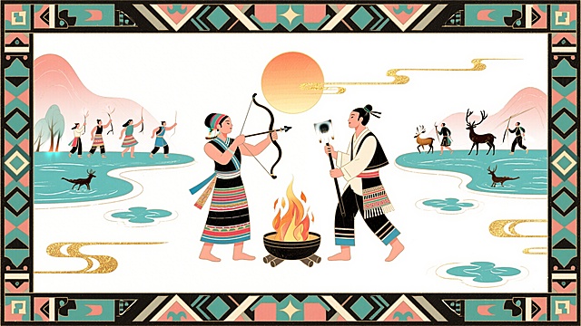 重新创作拉祜族根古神话插画，融合参考图中的现代国潮装饰风格，提取拉祜族传统几何图案做装饰边框，用更凝练的扁平符号表现持弩拉祜人、持锄汉人，中心突出日月同辉沐浴众生的神话意象，周围环绕火塘歌舞、湖泊狩猎、南迁赶路的场景，整体保持极致留白极简背景，新中式渐变矢量风格，使用低饱和度多巴胺配色，创造更具禅意的氛围，重新设计全部画面元素