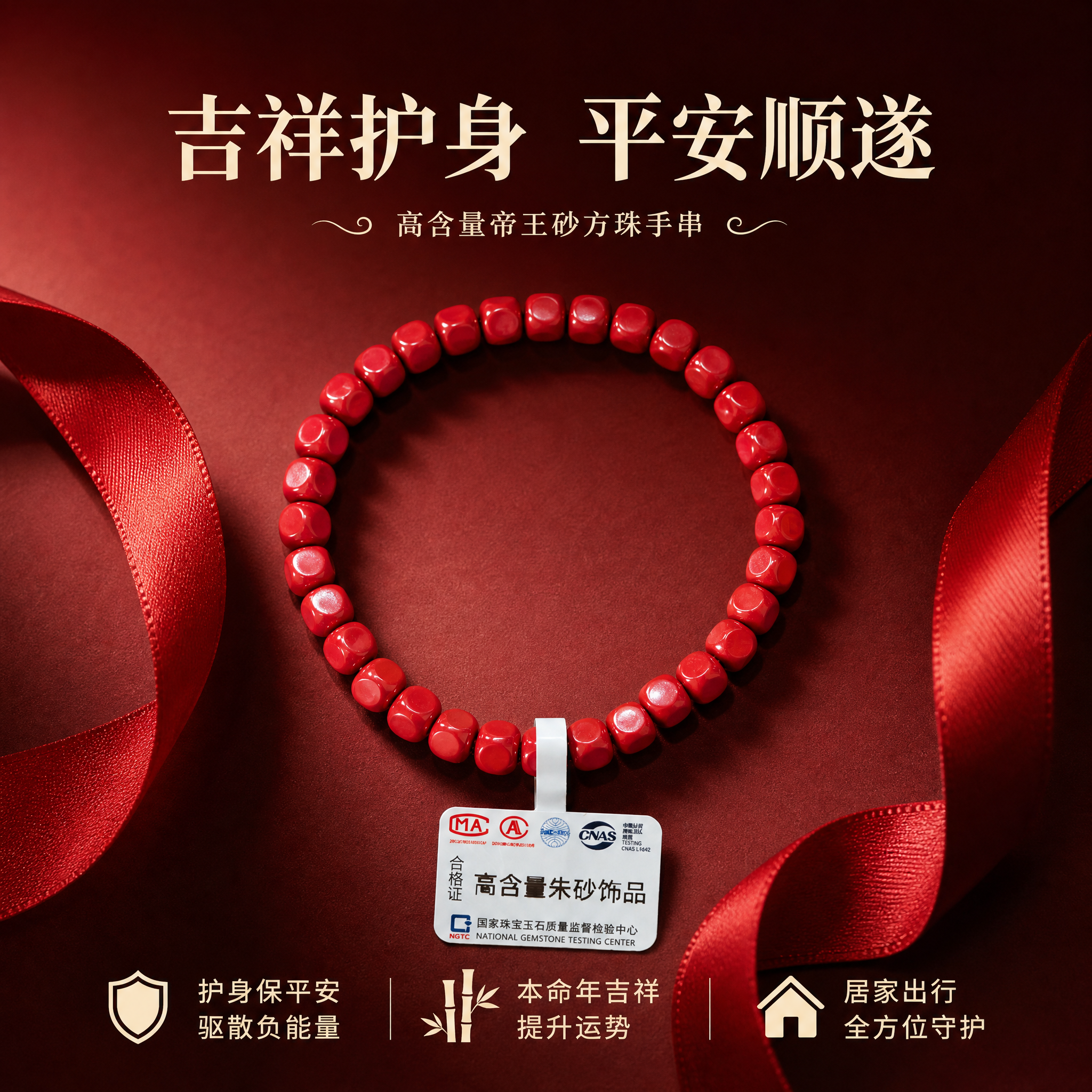 电商淘宝天猫主图，朱砂手串产品图，产品为高含量帝王砂方形珠手串… - 图片创意预览