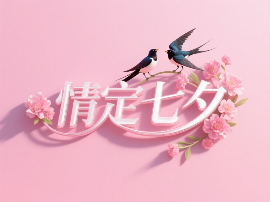 横向文字"情定七夕"。创意字体设计点缀两只喜鹊、花朵元素，线条流畅，高级感，粉色背景，高纯度配色。预览效果