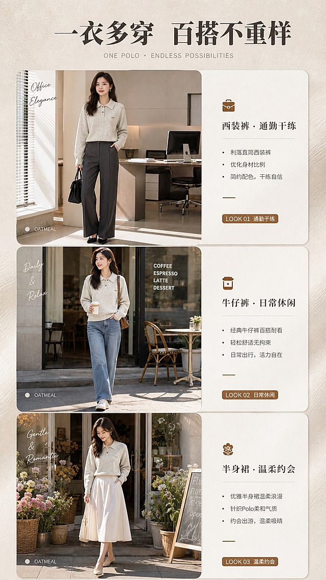 [商品] 使用【图1】米灰色翻领针织Polo衫；商品处理：保留翻领、两粒扣门襟、左胸金属小标、插肩袖、罗纹袖口下摆、米灰杂色针织面料和宽松版型；自然去除衣身杂乱褶皱，理顺垂坠，增强针织纹理、缝线和金属标质感，不改变版型、颜色和结构。
[画面] 目标：搭配灵感页，展示3套日常穿搭方案，强化实穿性。构图：竖排3组穿搭小图，每组为亚洲女模特全身穿搭照，分别搭配西装裤通勤风、牛仔裤休闲风、半身裙温柔风；每套穿搭中针织Polo衫均为同款同色。景别：全身。场景：3组不同场景（办公室/街头咖啡馆/花店门口），均为暖调自然光，风格统一。
[视觉] 套系策略：风格=轻熟通勤高级杂志风；标题字=现代衬线粗体；正文字=简洁无衬线体；主色=米灰燕麦色；背景延展=基于米灰燕麦做深浅层级、同色渐变和细腻织物/哑光纸张质感；强调色=焦糖棕，仅用于小面积图标、引线和标签；标题色=深炭灰；正文色=中暖灰；组件=圆角浅底信息卡、细线引线、手写英文小字装饰；光影=左前侧暖柔光，柔和阴影。
[文字] 顶部主标题"一衣多穿 百搭不重样"，每套穿搭右下角配小标签：LOOK 01 通勤干练 / LOOK 02 日常休闲 / LOOK 03 温柔约会；文字横向排版，标签用焦糖棕色底白字，小巧精致不遮挡主体。
[规格] 图片比例9:16竖版，4K，避免变形、错字、文字过小、冷蓝/蓝灰背景、衣服颜色改变、版型失真、极限词。