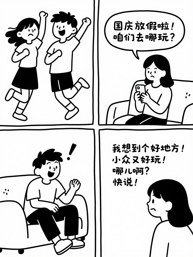 卡通感插画风，简洁线条描绘国庆去哪玩互动，充满欢乐与期待。