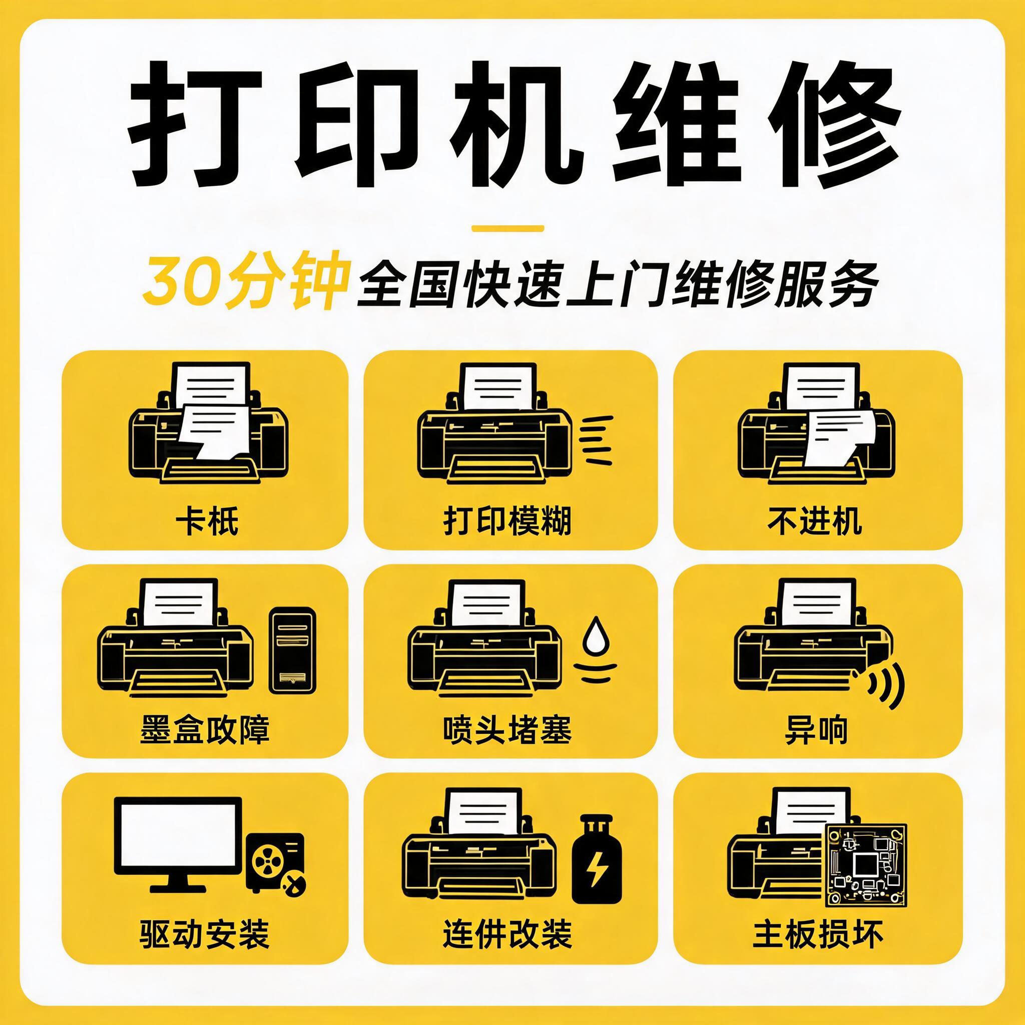 将图片中的空调维修改为打印机维修，整体黄白配色和九宫格版式风格… - 图片创意预览