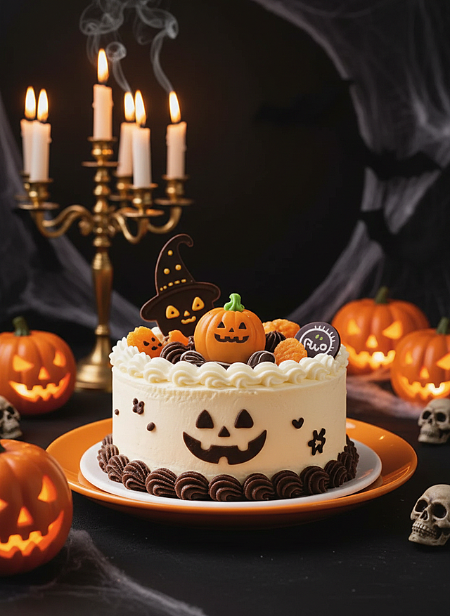 背景：深色，带有金色烛台（蜡烛燃烧）、白色蜘蛛网、南瓜灯、小骷髅头、小南瓜灯、黑色蝙蝠，背景虚化