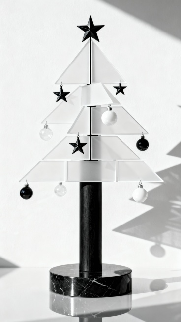 极简黑白几何圣诞树，树干是黑色实木圆柱，光滑无纹理，树枝是白色亚克力板，切割成三角形、长方形，拼接成树枝形状，装饰是黑色金属星星、白色玻璃球，无图案，底部是黑色大理石底座，光滑反光，背景是纯白墙面，冷预览效果