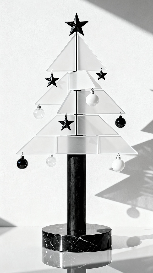 极简黑白几何圣诞树，树干是黑色实木圆柱，光滑无纹理，树枝是白色亚克力板，切割成三角形、长方形，拼接成树枝形状，装饰是黑色金属星星、白色玻璃球，无图案，底部是黑色大理石底座，光滑反光，背景是纯白墙面，冷色调，低饱和度，光影对比强烈，简洁高级氛围