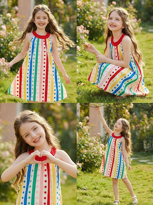 保留原图中小女孩的长相和这件彩色波点条纹挂脖连衣裙，生成多张不同动作，保持女孩甜美大方的气质，背景依旧是户外花园草地，自然阳光氛围