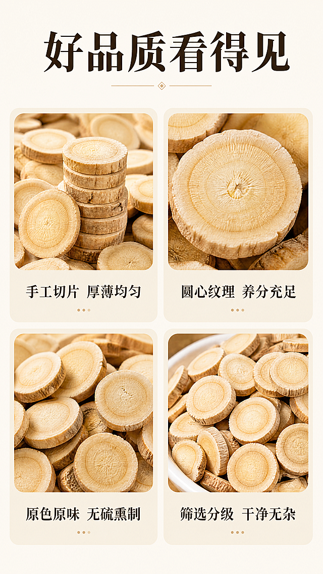[第3屏] 核心卖点四宫格展示，本屏使用【图1】商品图提供细节参考，每个宫格使用产品不同局部细节。
[氛围/风格] 清晰简约图文排版，天然养生质感，干净透气不拥挤。
[元素布局] 顶部主标题通栏，下方排列2x2四宫格，每个宫格展示一个核心卖点对应的产品细节，每个宫格内保持产品切片纹理颜色和原图一致，宫格间距均匀，留白舒适。
[光影质感] 每个宫格光线均匀柔和，产品细节清晰，整体明暗统一。
[配色色系] 全局底色：#F8F4EC，宫格浅米色底#F0EADC，文字深棕色#3A2E24，标签浅棕色#B59878。
[视角构图] 竖版9:16，上下结构，四宫格均匀分布，信息分区清晰。
[文字版式] 顶部主标题「好品质看得见」，加粗居中；四个宫格卖点分别为：
1. 「手工切片 厚薄均匀」
2. 「圆心纹理 养分充足」
3. 「原色原味 无硫熏制」
4. 「筛选分级 干净无杂」
每个宫格标题在图片下方，字体清晰适中，不遮挡产品细节。
[比例分辨率] 9:16竖版比例，4K分辨率，文字清晰可辨，超高清。
[负向提示词] 切片变形，颜色偏差，水印，文字错乱，产品图模糊，背景杂乱，虚构功效，绝对化词语。