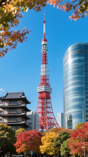超写实高清大师摄影视角，聚焦东京城市全景，画面核心突出高耸入云的东京铁塔，其金属质感红色涂装与银灰色钢结构框架对比鲜明，顶部天线直刺纯净湛蓝天空，右侧弧形玻璃幕墙建筑独特醒目，左侧传统多层灰色屋顶日式建筑尽显古今交融，前景是色彩丰富的秋季树木，树叶红黄绿交织，上方阳光倾斜照射，建筑物表面光影清晰，天空纯净蔚蓝，完美展现东京繁华与自然和谐共存之景预览效果